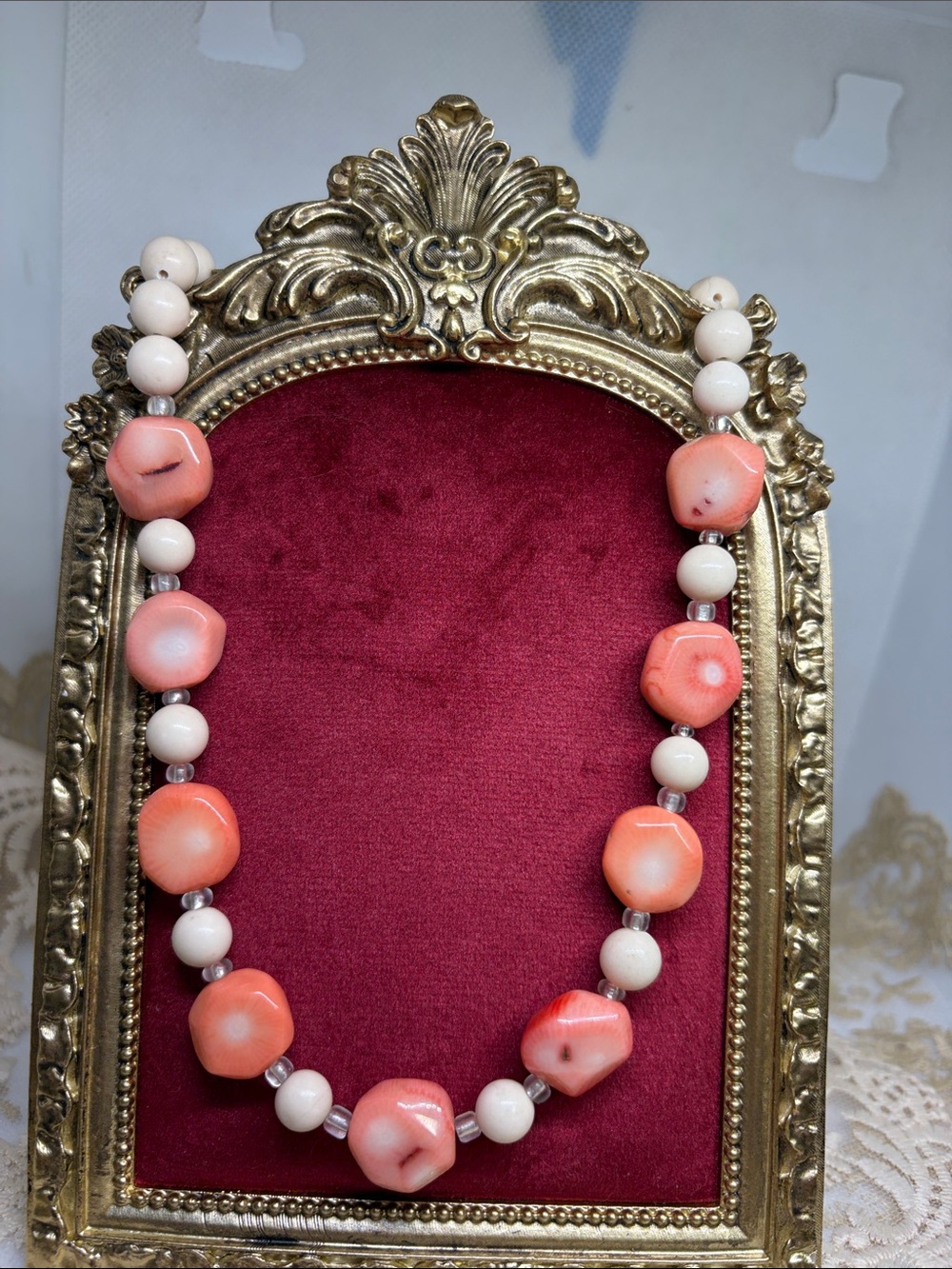 OOAK Vintage Angel Skin Coral White Agate Necklace Pre-Ban Estate Handmade 22”